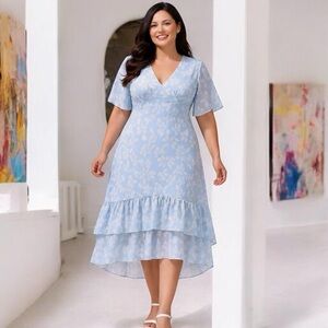 Shall We Blue Floral Tiered Midi Dress 2X NWT